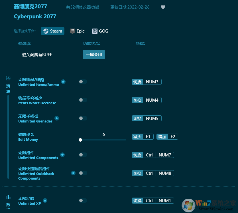 賽博朋克2077三十二項修改器 v2022.8