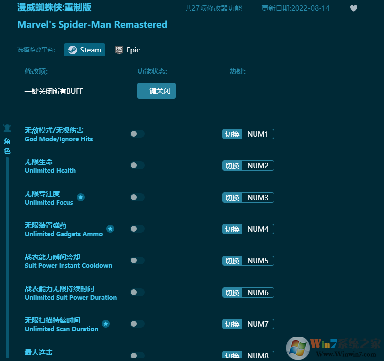 漫威蜘蛛俠重制版二十七項修改器 v2022.8最新版