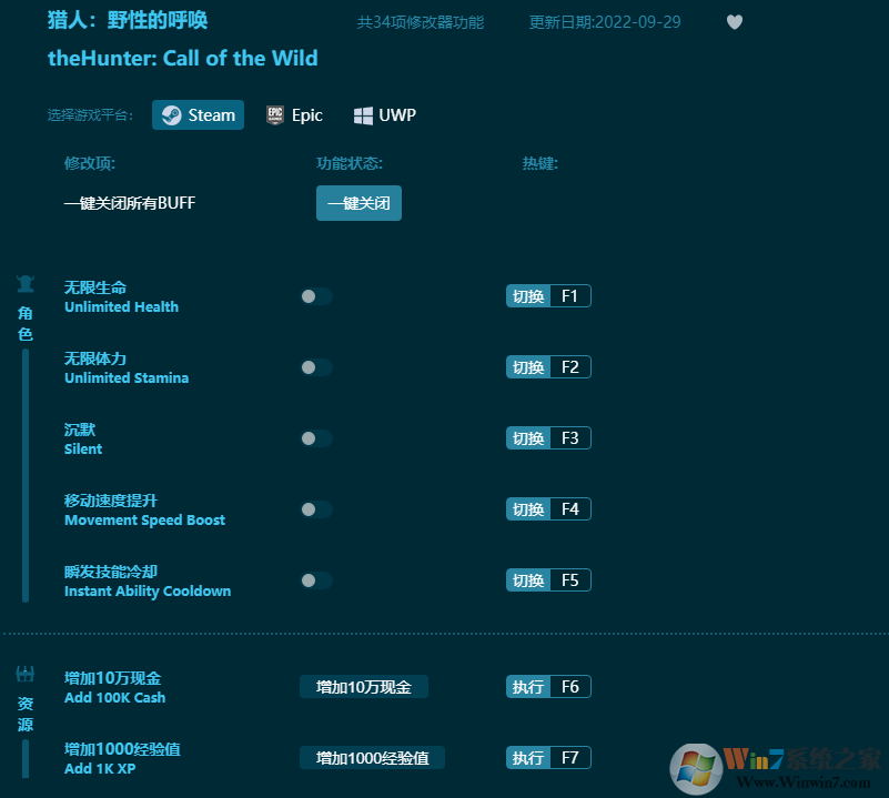 獵人荒野的呼喚34項修改器 Steam,Epic,UWP通用版