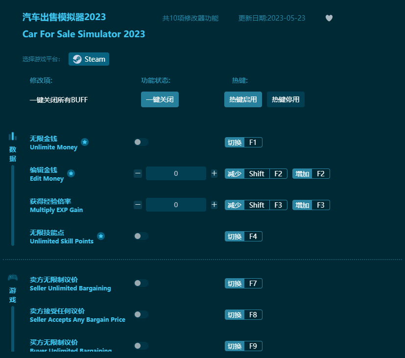 汽車出售模擬器2023十項(xiàng)修改器 v2023最新版